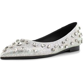Women's Elegant Flat Pumps Rhinestone Shinly Pointed Toe Slip On Retro Shoes