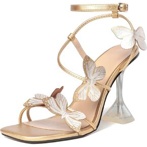 Heeled Sandals for Women, Butterfly Ankle Strap Open Toe High Heels, Strappy Square Toe Clear Stiletto Spool Heels, Butterfly Sandals 4 Inches