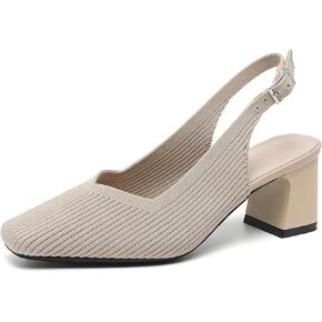 Women's Knit Slingback Heels Pumps with Adjust Ankle Strap Fashion Breathable Closed Square Toe Chunky Heel Mules Sandals Work Office Wedding Dressy Shoes
