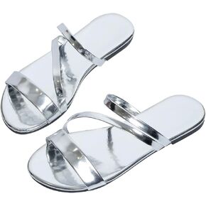 GORGLITTER Women's Metallic Strappy Open Toe Flat Sandal PU Leather Summer Slides Sandals