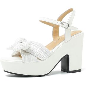 fereshte Women's Pleated Bow Knot Chunky Block Heels Platform High Heel Open Toe Ankle Strap Sandals