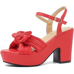 fereshte Women's Pleated Bow Knot Chunky Block Heels Platform High Heel Open Toe Ankle Strap Sandals