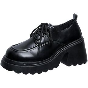 Womens Leather Chunky Platform Lace Up Oxfords Mid Heel Penny Boots Work Business Office Dress Shoes