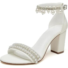 Open Toe Pearl High Heels Sandals Wedding Shoes for Bride Chunky Block Heels with Bow Bridal Shoes for Women Strappy Ankle Strap Sandals Pumps
