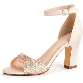 Women's Rhinestone Heeled Sandals Open Toe Ankle Strap Chunky Sparkly Heels Sandals for Prom Party Wedding Dress Shoes for Bride Bridesmaid