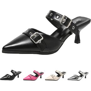 Women's Pointed Toe Metal Buckle Kitten Heels Mule Sandals,Summer Adjustable Buckle Sexy Metal Mid Heeled Arch Support Comfortable Slip-On Leather Dress Party Wedding Shoes