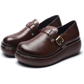 Women's Retro Leather Belt Buckle Thick Sole Loafers Fashionable and Comfortable Handmade Leather Thick Soled Shoes
