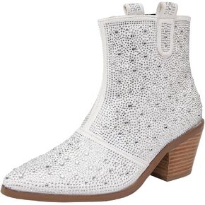 GATUXUS Women's Chunky Heels Rhinestone Ankle Boots Sparkly Pointed Toe Western Cowboy Mid Calf Booties Winter Shoes