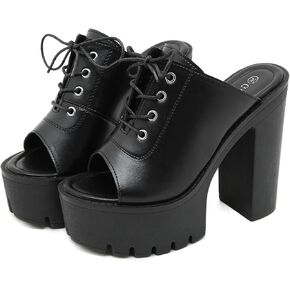 Womens Leather Platform Chunky Heel Wedge Slippers Classic Fish Mouth Lace Up Slip On lug sole High Block heel Dress Slipper Sandals for Formal Party Wedding