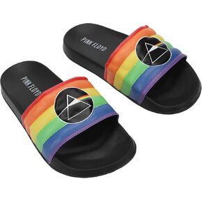 Pink Floyd Dark Side Of The Moon Triangle Artwork On Rainbow Straps Women's Black Slide Sandals