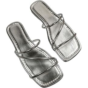 GORGLITTER Women's Metallic Strappy Flats Sandal Dressy Cute Square Toe Slip on Slides Summer Sandals