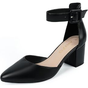 Women's Pointed Toe Chunky Block Low Heels Comfortable Closed Toe Block Heels 2.4 Inch Ankle Strap Dress Wedding Party Pumps Shoes
