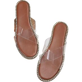 GORGLITTER Women's Rhinestone Clear Flat Sandals Cross Strap Open Toe Slip on Slide Sandals