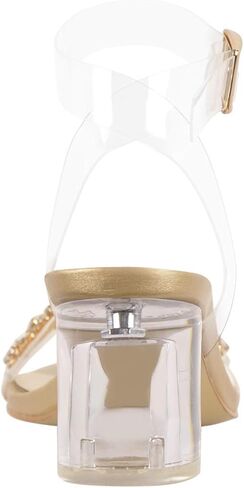 Yolkomo صنادل نسائية بكعب متوسط ​​ذهبي مرصع بأحجار الراين وحزام كاحل شفاف ومرصع بالكريستال ومفتوحة عند الأصابع فستان مثير لؤلؤي سندريلا بكعب أكريليك مقاس 8 in Kuwait