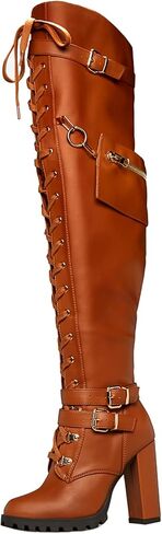 Buckle Strap Wide Calf Thigh High Boots for Women Chunky Block High Heel Over The Knee Boots Lace up Riding Combat Boots Ladies Side Zipper Tall Long Boots in Saudi Arabia