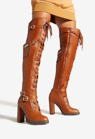 Buckle Strap Wide Calf Thigh High Boots for Women Chunky Block High Heel Over The Knee Boots Lace up Riding Combat Boots Ladies Side Zipper Tall Long Boots in Saudi Arabia