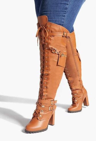 Buckle Strap Wide Calf Thigh High Boots for Women Chunky Block High Heel Over The Knee Boots Lace up Riding Combat Boots Ladies Side Zipper Tall Long Boots in Saudi Arabia