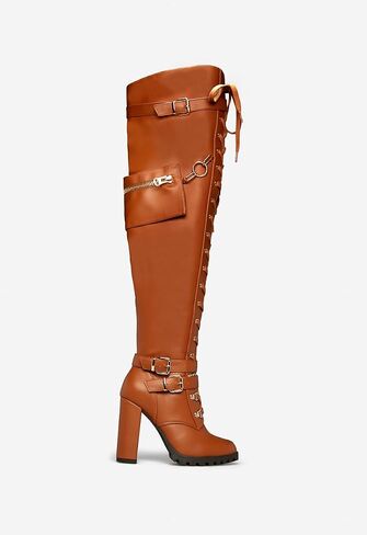 Buckle Strap Wide Calf Thigh High Boots for Women Chunky Block High Heel Over The Knee Boots Lace up Riding Combat Boots Ladies Side Zipper Tall Long Boots in Saudi Arabia