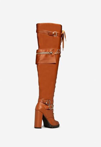 Buckle Strap Wide Calf Thigh High Boots for Women Chunky Block High Heel Over The Knee Boots Lace up Riding Combat Boots Ladies Side Zipper Tall Long Boots in Saudi Arabia
