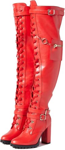 Buckle Strap Wide Calf Thigh High Boots for Women Chunky Block High Heel Over The Knee Boots Lace up Riding Combat Boots Ladies Side Zipper Tall Long Boots in Saudi Arabia