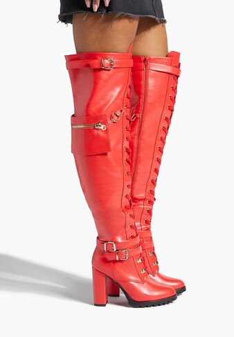 Buckle Strap Wide Calf Thigh High Boots for Women Chunky Block High Heel Over The Knee Boots Lace up Riding Combat Boots Ladies Side Zipper Tall Long Boots in Saudi Arabia