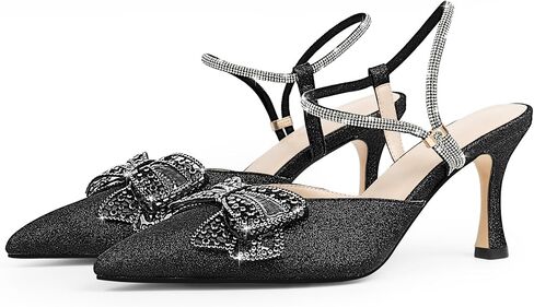 Women's Bow Glitter Kitten Heels Closed Pointed Toe Pumps Rhinestone Ankle Strap Dress Shoes in Saudi Arabia