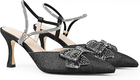 Women's Bow Glitter Kitten Heels Closed Pointed Toe Pumps Rhinestone Ankle Strap Dress Shoes in Saudi Arabia