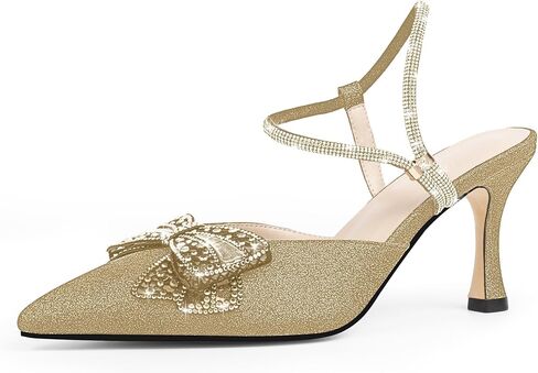 Women's Bow Glitter Kitten Heels Closed Pointed Toe Pumps Rhinestone Ankle Strap Dress Shoes in Saudi Arabia