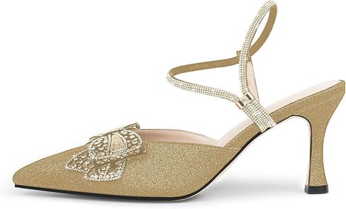 Women's Bow Glitter Kitten Heels Closed Pointed Toe Pumps Rhinestone Ankle Strap Dress Shoes in Saudi Arabia