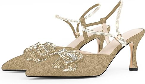 Women's Bow Glitter Kitten Heels Closed Pointed Toe Pumps Rhinestone Ankle Strap Dress Shoes in Saudi Arabia