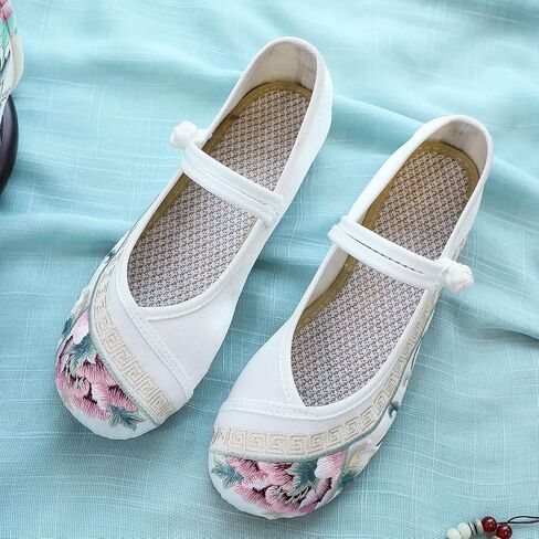 Women Embroidered Shoes Flats Floral Comfortable Ballet Flats Shoes Round Toe Mary Jane Shoes in Saudi Arabia