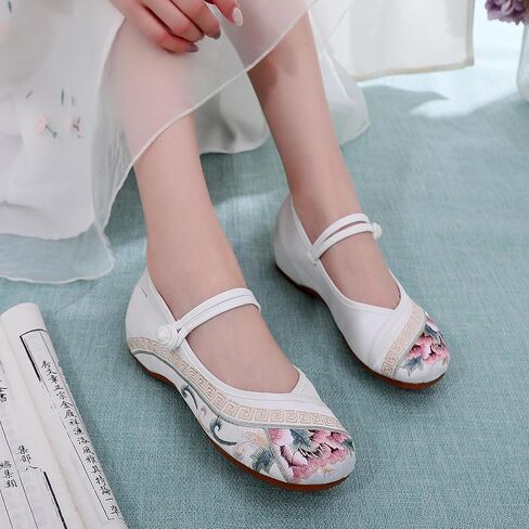 Women Embroidered Shoes Flats Floral Comfortable Ballet Flats Shoes Round Toe Mary Jane Shoes in Saudi Arabia