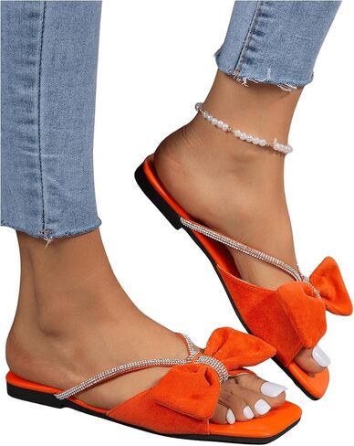 OYOANGLE Women's Rhinestone Bow Open Toe Corduroy Flat Sandals Summer Casual Slide Sandals in Kuwait