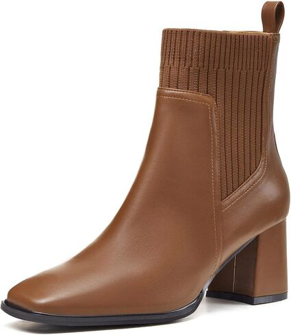 Coutgo Women's Slip On Ankle Boots Chunky Block Heel Square Toe Splicing Dress Sock Booties in Saudi Arabia