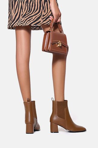 Coutgo Women's Slip On Ankle Boots Chunky Block Heel Square Toe Splicing Dress Sock Booties in Saudi Arabia