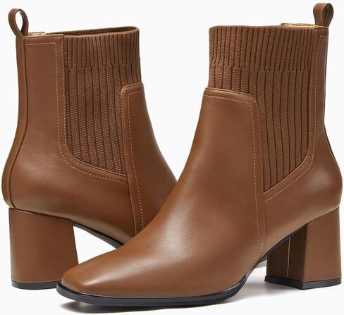 Coutgo Women's Slip On Ankle Boots Chunky Block Heel Square Toe Splicing Dress Sock Booties in Saudi Arabia