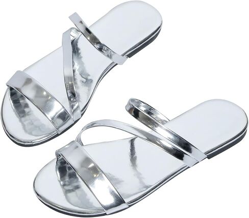 GORGLITTER Women's Metallic Strappy Open Toe Flat Sandal PU Leather Summer Slides Sandals in Saudi Arabia