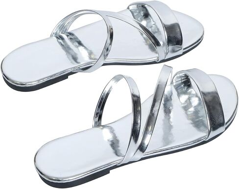 GORGLITTER Women's Metallic Strappy Open Toe Flat Sandal PU Leather Summer Slides Sandals in Saudi Arabia