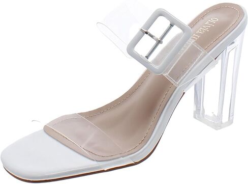 Olivia Miller Women’s Fashion Ladies Shoes, Clear PVC Jelly Double Strap Dual Band w Buckle, Trendy Casual Party Open Square Toe, Slide On 3.1 Inch High Mid Block Heel Sandals in Saudi Arabia