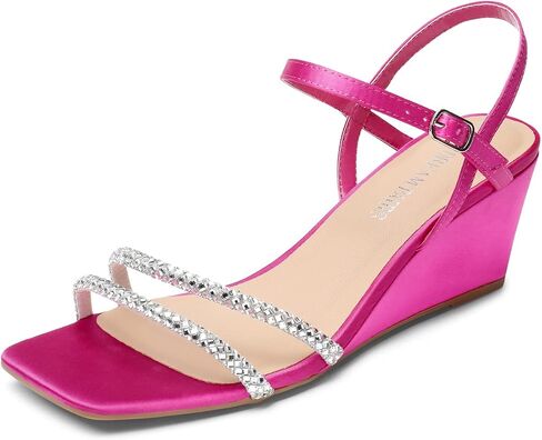 DREAM PAIRS Women Strappy Wedge Sandals Rhinestone Low Heel Sandals Square Open Toe Wedding Bridal Party Shoes for Evening Banquet Formal SDPW2325W HOT PINK-SATIN Size 7.5 in Saudi Arabia