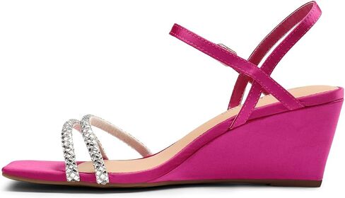 DREAM PAIRS Women Strappy Wedge Sandals Rhinestone Low Heel Sandals Square Open Toe Wedding Bridal Party Shoes for Evening Banquet Formal SDPW2325W HOT PINK-SATIN Size 7.5 in Saudi Arabia
