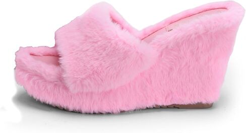 YSMIIH Women Fluff Wedge Slippers Fashion Sandals Plush Platform | Faux Fur Casual Outdoor Fleece Lining Open Toe Band Fluffita fuzzy in Saudi Arabia