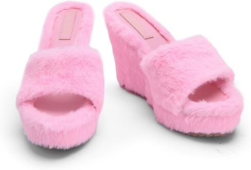 YSMIIH Women Fluff Wedge Slippers Fashion Sandals Plush Platform | Faux Fur Casual Outdoor Fleece Lining Open Toe Band Fluffita fuzzy in Saudi Arabia