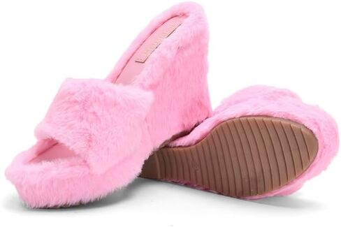 YSMIIH Women Fluff Wedge Slippers Fashion Sandals Plush Platform | Faux Fur Casual Outdoor Fleece Lining Open Toe Band Fluffita fuzzy in Saudi Arabia
