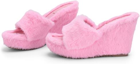 YSMIIH Women Fluff Wedge Slippers Fashion Sandals Plush Platform | Faux Fur Casual Outdoor Fleece Lining Open Toe Band Fluffita fuzzy in Saudi Arabia