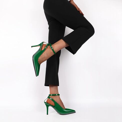 SAMMITOP النساء Slingback الكعوب الخناجر عالية الكعب مطرز مضخات أشار تو Strappy الكعوب الكاحل فستان بحزام أحذية 3.5 بوصة الكعوب in Kuwait