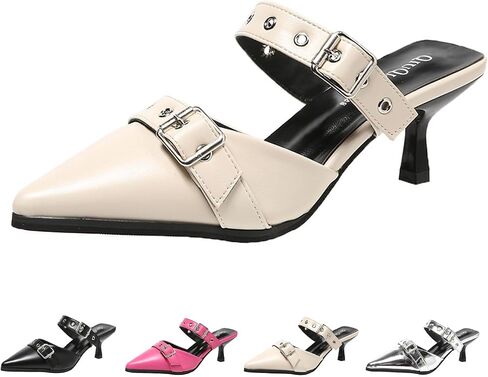 Women's Pointed Toe Metal Buckle Kitten Heels Mule Sandals,Summer Adjustable Buckle Sexy Metal Mid Heeled Arch Support Comfortable Slip-On Leather Dress Party Wedding Shoes in Saudi Arabia