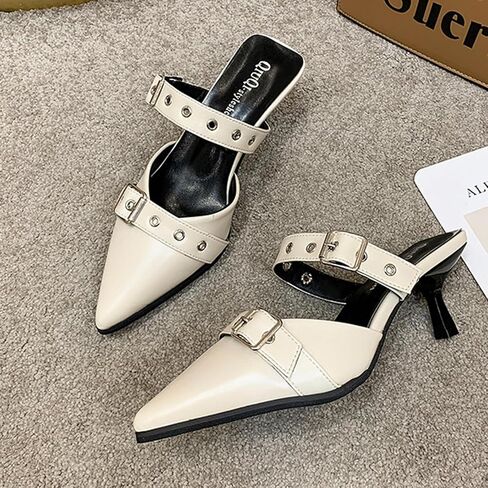 Women's Pointed Toe Metal Buckle Kitten Heels Mule Sandals,Summer Adjustable Buckle Sexy Metal Mid Heeled Arch Support Comfortable Slip-On Leather Dress Party Wedding Shoes in Saudi Arabia