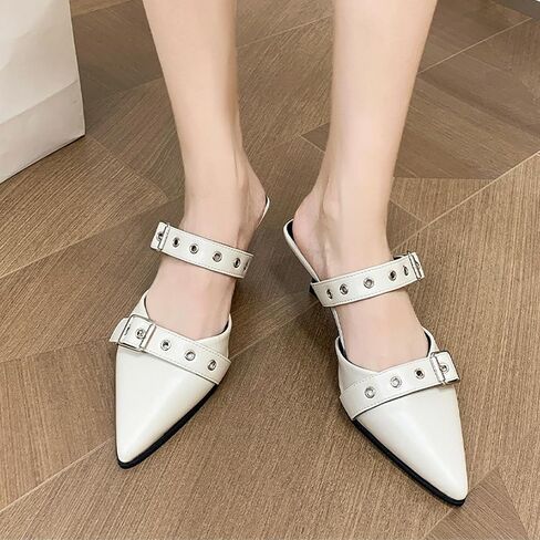 Women's Pointed Toe Metal Buckle Kitten Heels Mule Sandals,Summer Adjustable Buckle Sexy Metal Mid Heeled Arch Support Comfortable Slip-On Leather Dress Party Wedding Shoes in Saudi Arabia