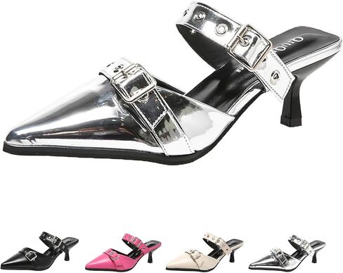 Women's Pointed Toe Metal Buckle Kitten Heels Mule Sandals,Summer Adjustable Buckle Sexy Metal Mid Heeled Arch Support Comfortable Slip-On Leather Dress Party Wedding Shoes in Saudi Arabia